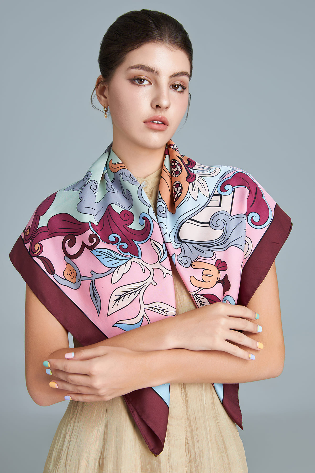 Khăn lụa Phật Thủ Hương Duyên/ Hồng/ Size 55x55