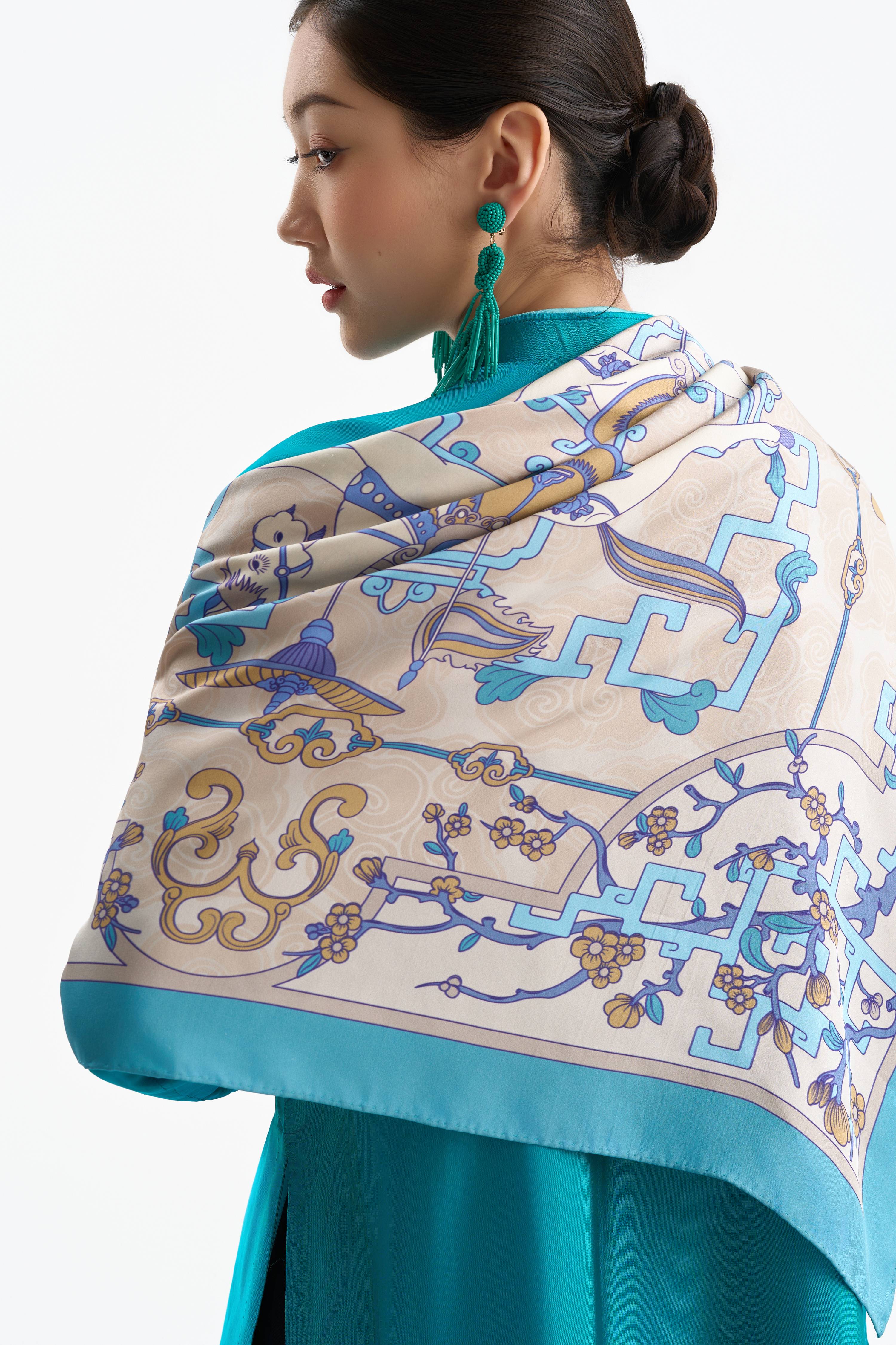 Khăn lụa Cát Mã Hí Mai Hoa/ Xanh Mây/ Size 70x70