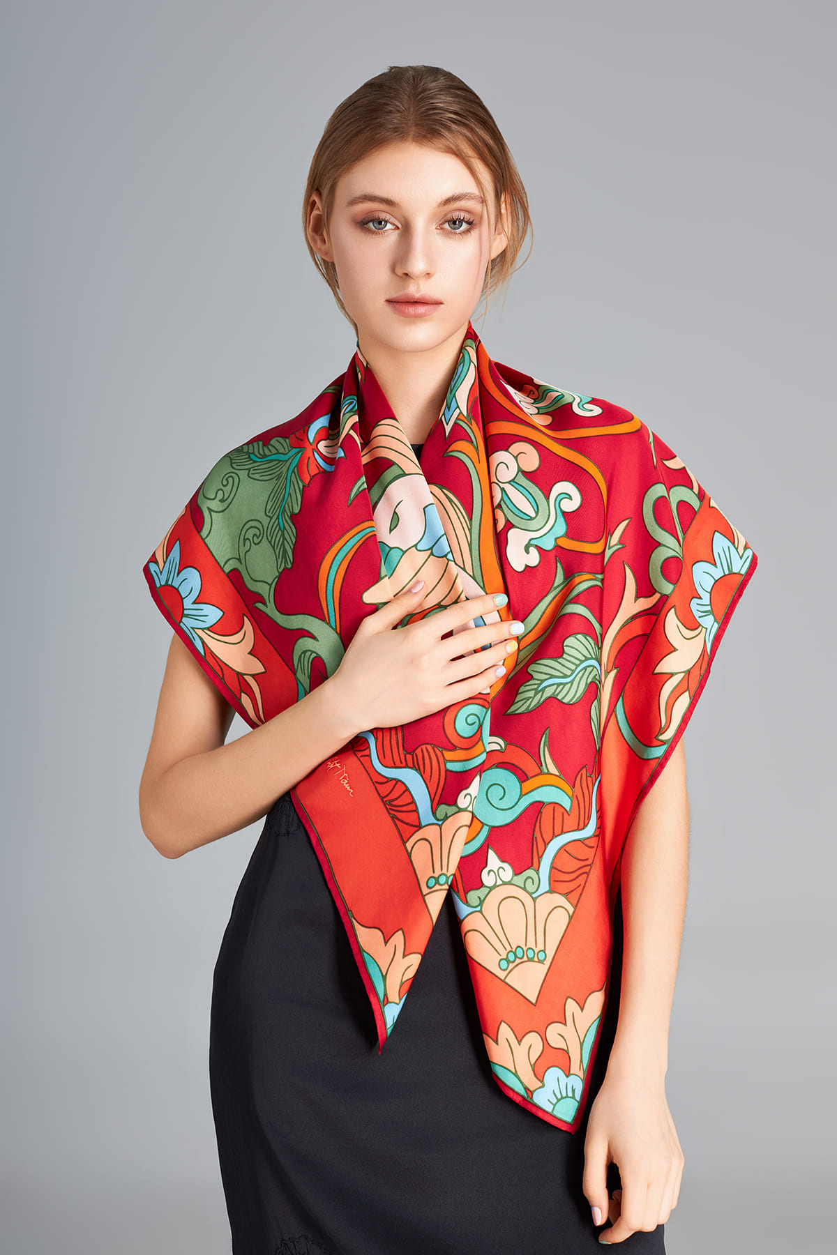 Khăn lụa Phượng Điểu/ Đỏ/ Size 100x100