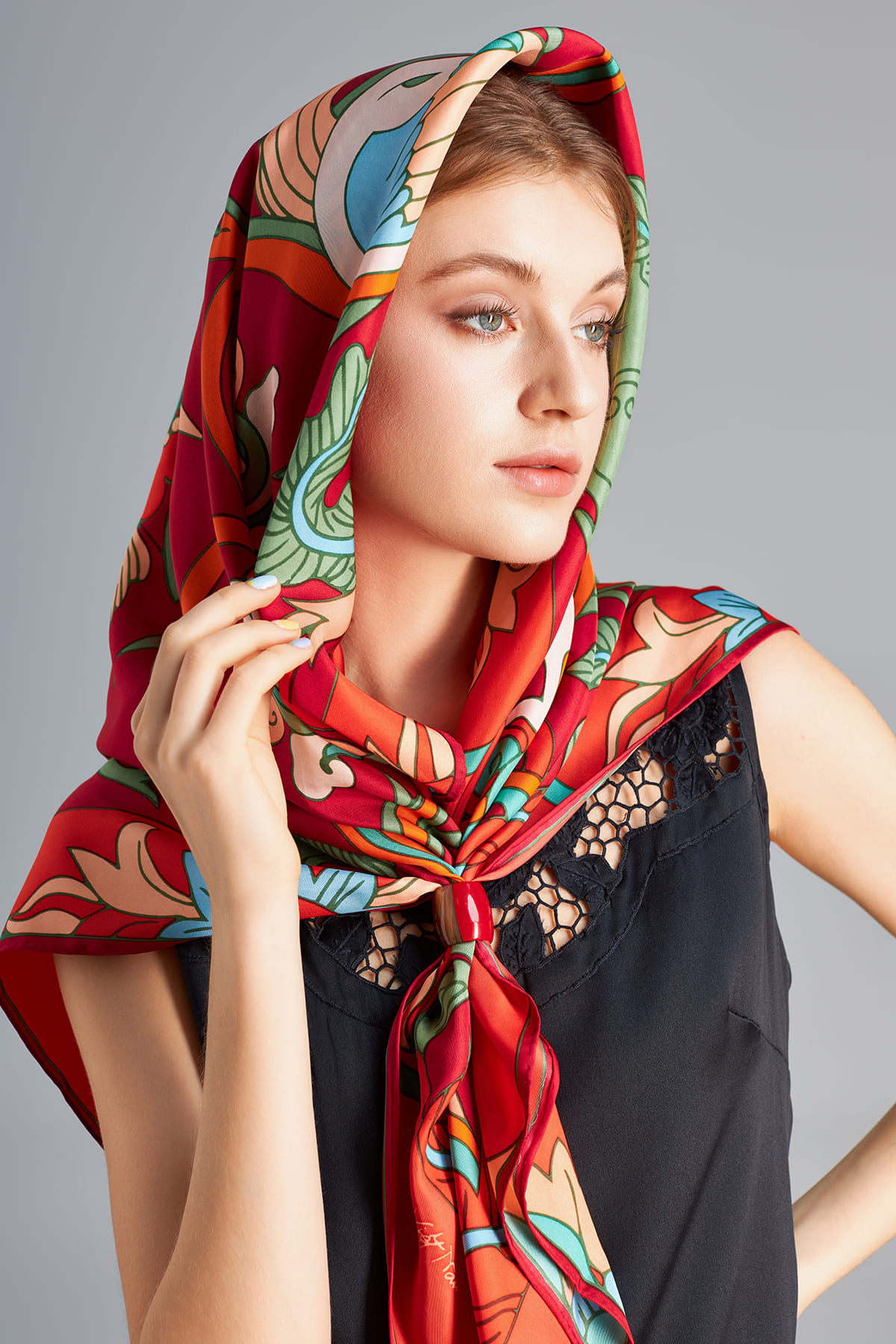 Khăn lụa Phượng Điểu/ Đỏ/ Size 100x100