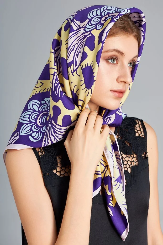 The Garden of Youth Silk Scarf / Violet-Yellow / size 90x90