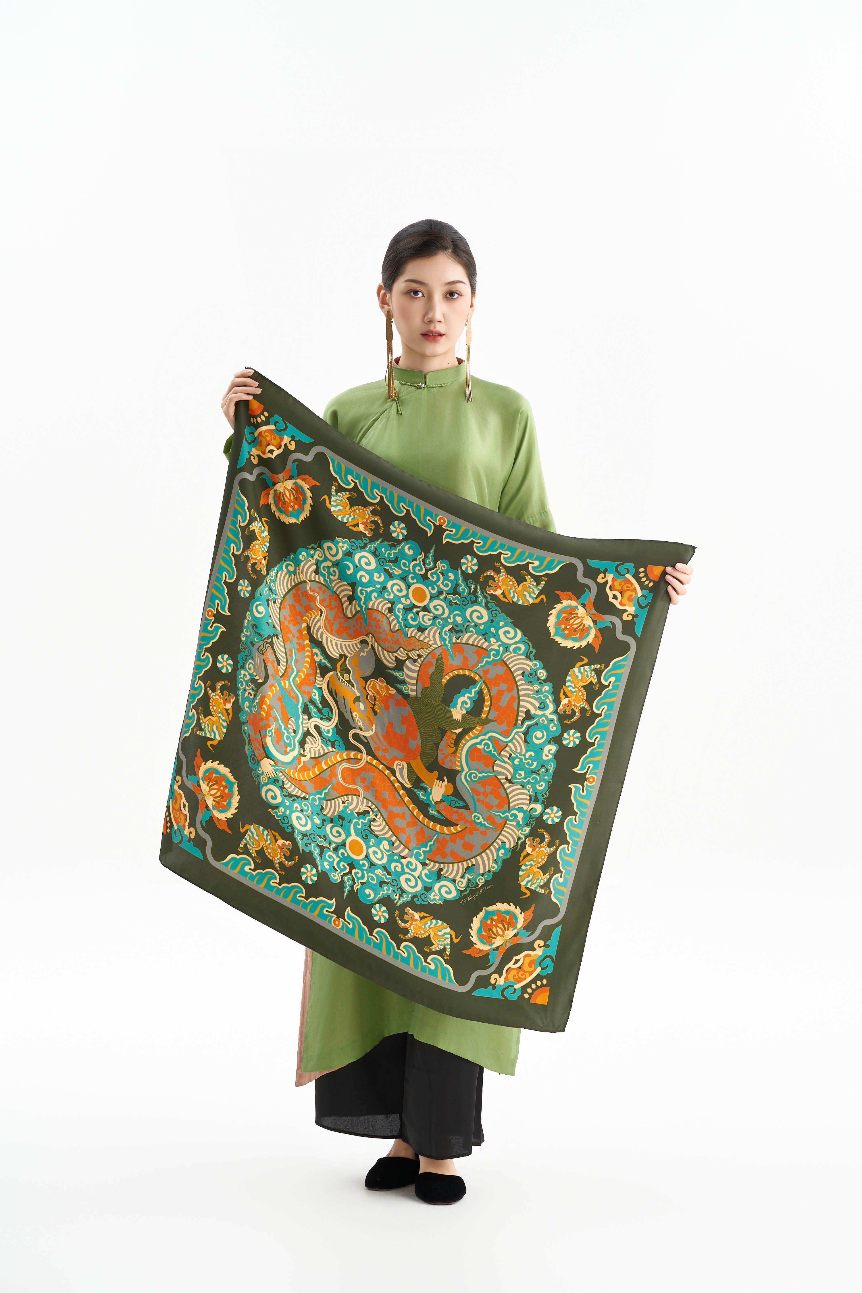 Khăn lụa Long Sàng An Miên/ Xanh Rêu/ Size 70x70