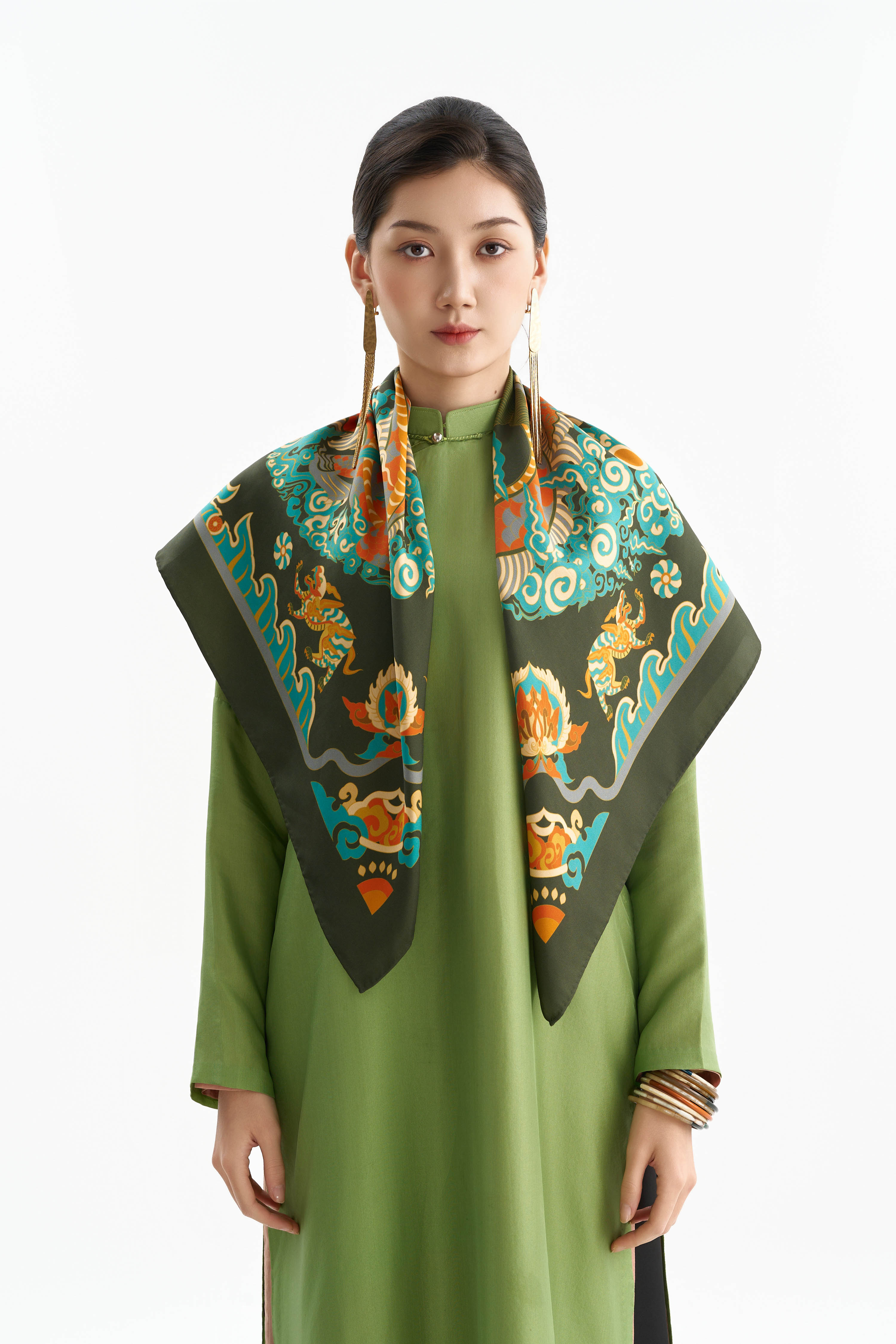 Khăn lụa Long Sàng An Miên/ Xanh Rêu/ Size 70x70