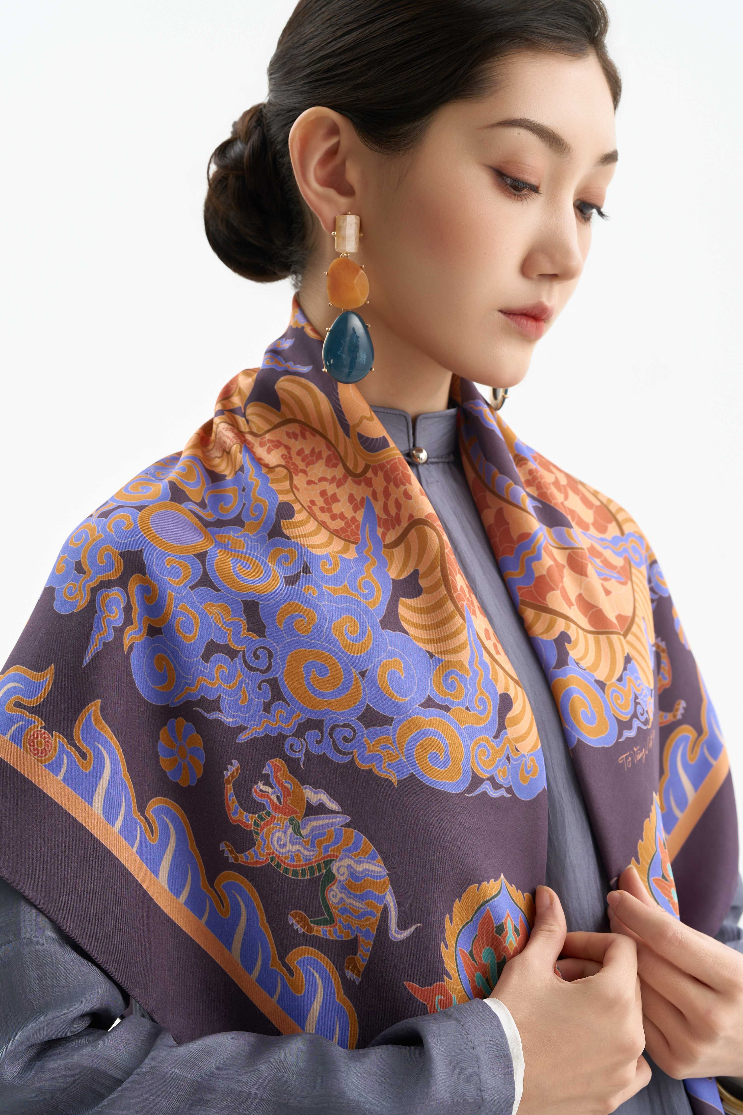 Khăn lụa Long Sàng An Miên/ Tím Khói/ Size 90x90